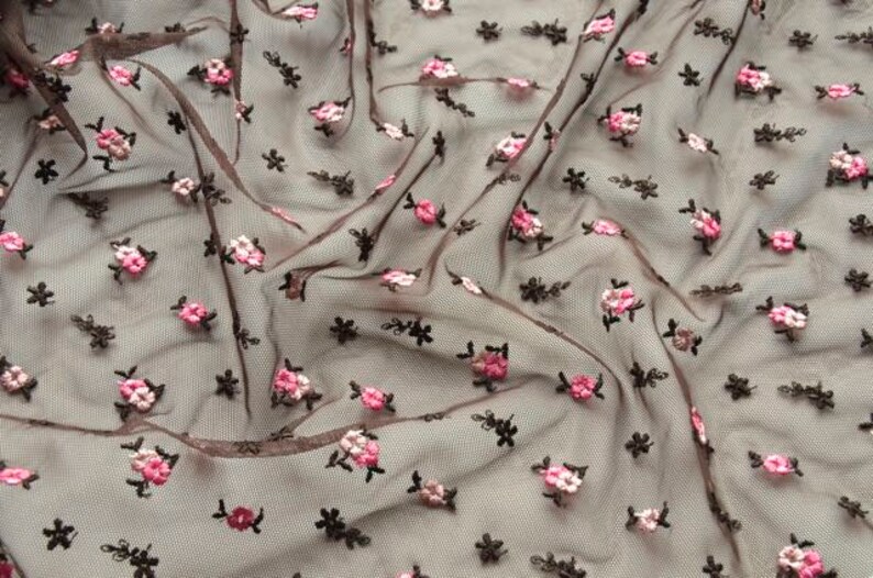 Brown Rose Embroidered Stretch Tulle Fabric Brown Pink Floral Tulle