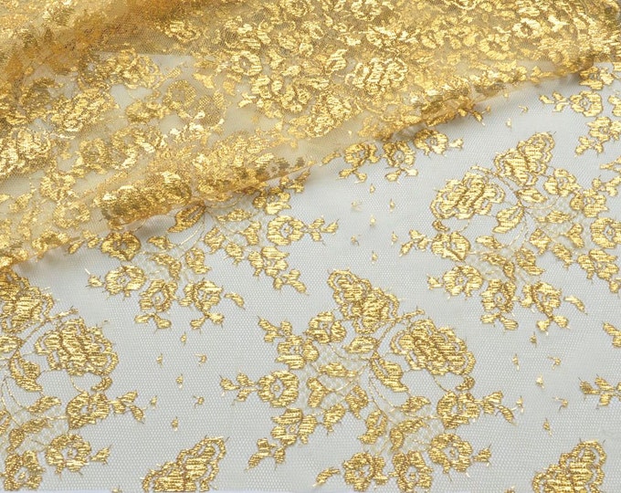 Gold Lace Fabric, Embroidered Gold Metalic Lace, Wedding Dress