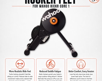 May include: Rocker feet for Wahoo Kickr Core 1, a black indoor bicycle trainer accessory. The image features the text Rocker Feet for Wahoo Kickr Core 1, along with three informational boxes detailing benefits like realistic ride feel, reduced saddle fatigue, and better comfort. It also includes the text UK Made and Precision Printed, Pain Cave Proven.