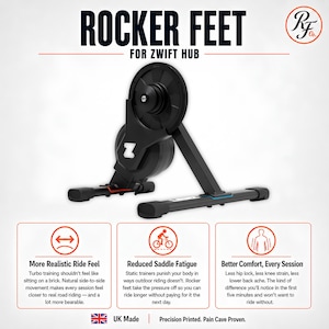 May include: Black rocker feet for Zwift Hub indoor bike trainer. The image includes text: ROCKER FEET FOR ZWIFT HUB, More Realistic Ride Feel, Reduced Saddle Fatigue, Better Comfort, Every Session, UK Made, Precision Printed, Pain Cave Proven.