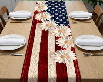 American Flag Daisy Table Runner - Patriotic Quilted Table Decor for Independence Day & 250th Anniversary