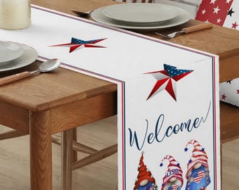 Patriotic Gnomes Table Runner – 4th of July American Flag Welcome Decor
