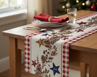 Rustic Patriotic Table Runner with Stars Pinecones – Red Gingham Farmhouse Christmas Dining Decor