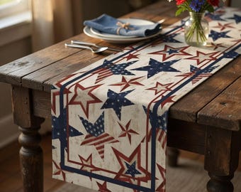Rustic Patriotic Table Runner – Stars, Gingham, Farmhouse Decor