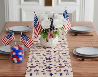 4th of July Star Pattern Linen Table Runner – Patriotic Kitchen Decor