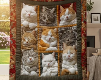 Quilted Cat Plush Fleece Throw Blanket, Rustic Home Decor