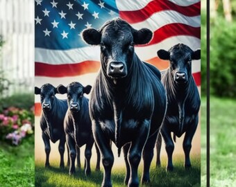 Bandera estadounidense con jardín de ganado Black Angus - Letrero patriótico para granja, bandera para exteriores