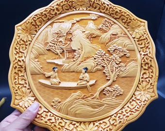 Vintage Aziatisch bord van cinnaberhout met gravures, traditioneel Chinees tafereel, zeldzaam, oranje, 25 cm