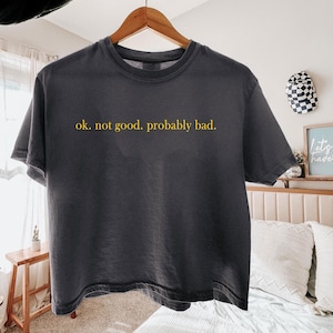 May include: Dark grey t-shirt with the text "ok. not good. probably bad." in yellow. The t-shirt is hanging on a wooden hanger. The t-shirt is a crew neck style.