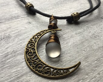 Antique Brass Recycled Glass Moon Goddess Necklace, Pendant, Sea Glass, Beach vibes Choker, Vegan Cotton Cord