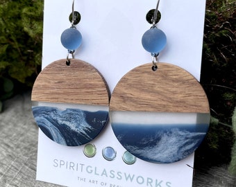 Beach Vibes Wood, Resin and Recycled Glass Earrings Dangle Earrings, Colorful Statement Jewelry,  Hypoallergenic Stainless Steel