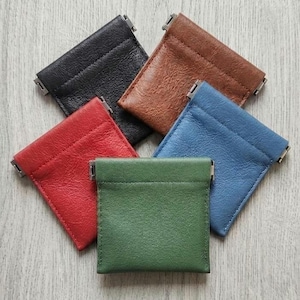 May include: Five small, square coin purses in black, brown, red, blue, and green. Each purse has a metal clasp and is made of a textured leather-like material. The purses are arranged in a circular pattern on a light wooden surface.