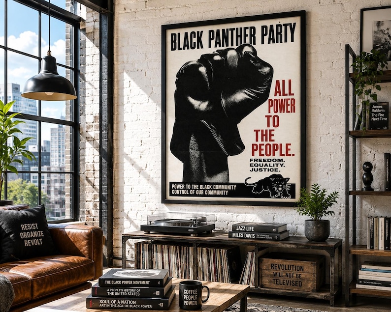 Black Panther Party style poster featuring raised fist and activist design
