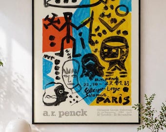 1980s exhibition poster featuring bold abstract symbolic artwork.