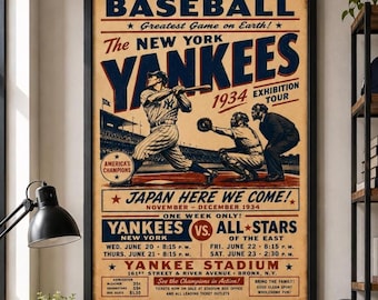 New York Yankees 1934 Exhibition Tour Poster Japan Here We Come Vintage Baseball Artwork