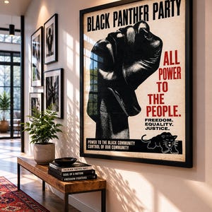 Black Panther Party style poster featuring raised fist and activist design