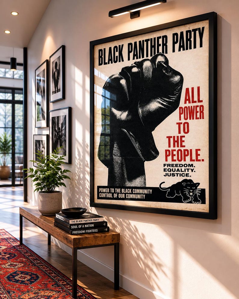 Black Panther Party style poster featuring raised fist and activist design