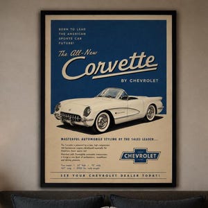 May include: Vintage advertisement for the All-New Corvette by Chevrolet. The poster features a white convertible car with chrome accents against a blue and beige background. Text includes "BORN TO LEAD THE AMERICAN SPORTS CAR FUTURE!" and car dimensions.