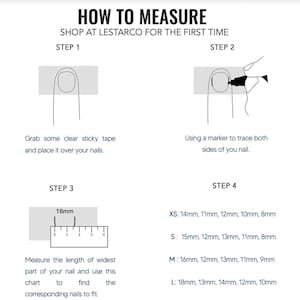 May include: Diagram illustrating how to measure nails. The steps include using tape, tracing the nail, measuring the width, and using a size chart. The chart provides measurements for XS, S, M, and L sizes.