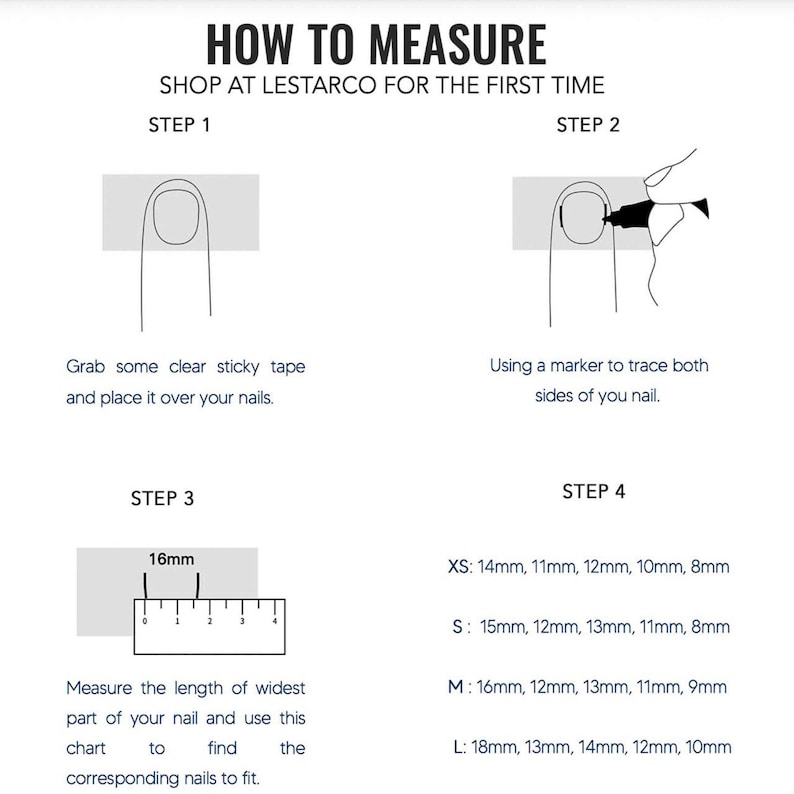 May include: Diagram illustrating how to measure nails. The steps include using tape, tracing the nail, measuring the width, and using a size chart. The chart provides measurements for XS, S, M, and L sizes.
