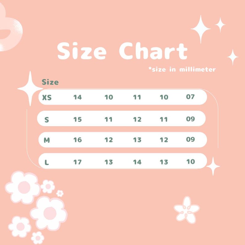 May include: A size chart with the text "Size Chart" and measurements in millimeters. The chart lists sizes XS, S, M, and L with corresponding numerical values. The background is a light pink with decorative star and flower graphics.