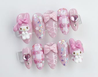 Handmade My Melody Inspired Kawaii Press On Nails, 3D Character & Gingham Art