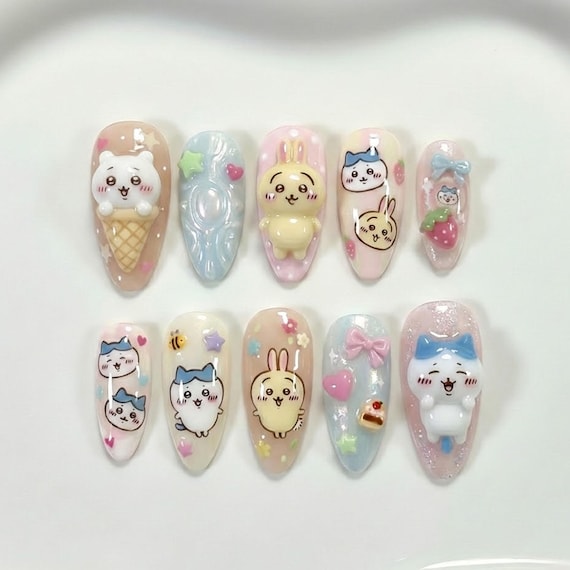 Handmade Chiikawa Sweet Treats Kawaii Almond Press On Nails, 3D Ice Cream & Usagi