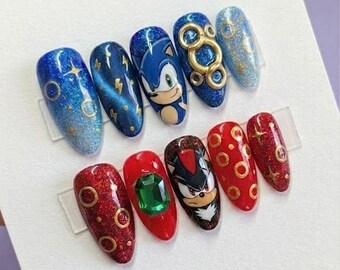 Sonic & Shadow Inspired Press On Nails | Blue Red Cat Eye And Chaos Emerald Nails