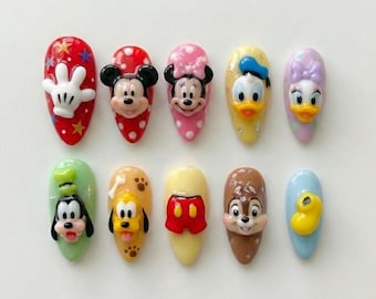 Handmade Disney Friends Press On Nails, 3D Mickey & Minnie Art, Almond Nails
