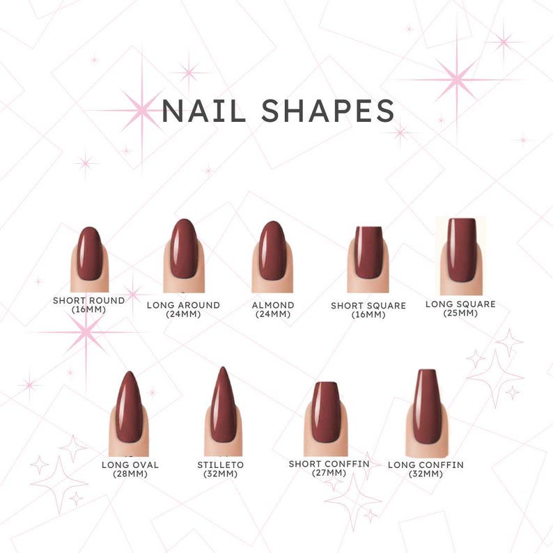 May include: A diagram illustrating various nail shapes, including short round (16mm), long around (24mm), almond (24mm), short square (16mm), long square (25mm), long oval (28mm), stiletto (32mm), short coffin (27mm), and long coffin (32mm). The text "NAIL SHAPES" is at the top.