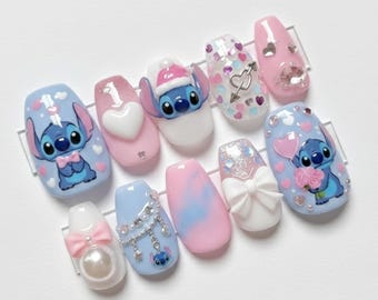 Handmade Valentine Press On Nails | Alien Stitch, 3D Bow Kawaii Nails