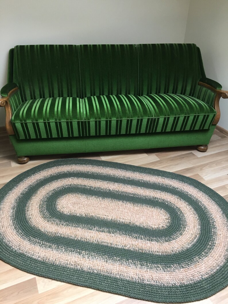 Large Area Oval Wool Rug Two Color Combo Dark Green And Etsy