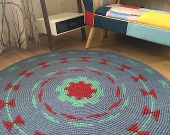 Super fun and original hand crochet wool rug, perfect for a nursery, 50'' in diameter, ready to ship