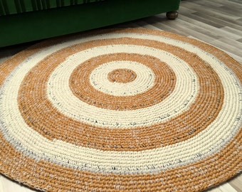 Round area rug in warm shades, hand crochet wool rug measuring 77'' in diameter