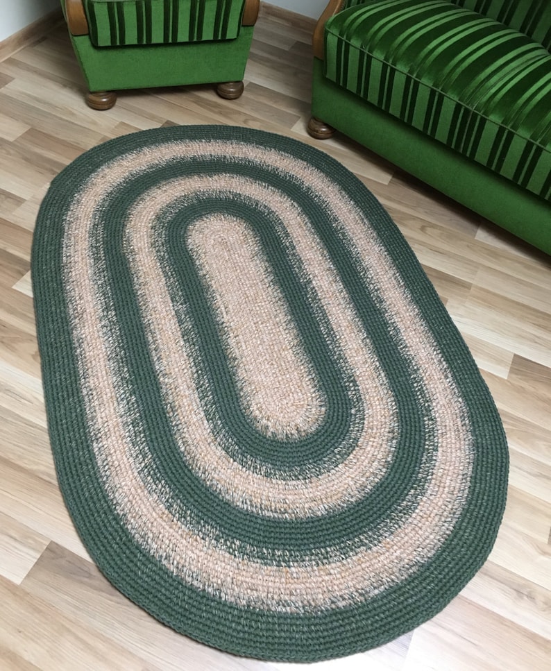 Large Area Oval Wool Rug Two Color Combo Dark Green and Etsy