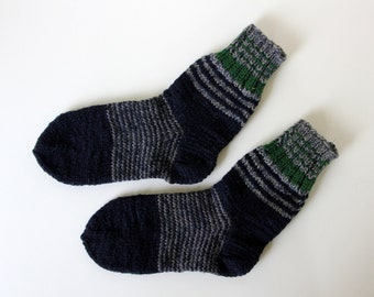 Excellent in hiking or country boots, beautiful hand knit wool socks for men, large US mens size 8.5-9, EU size 42-43