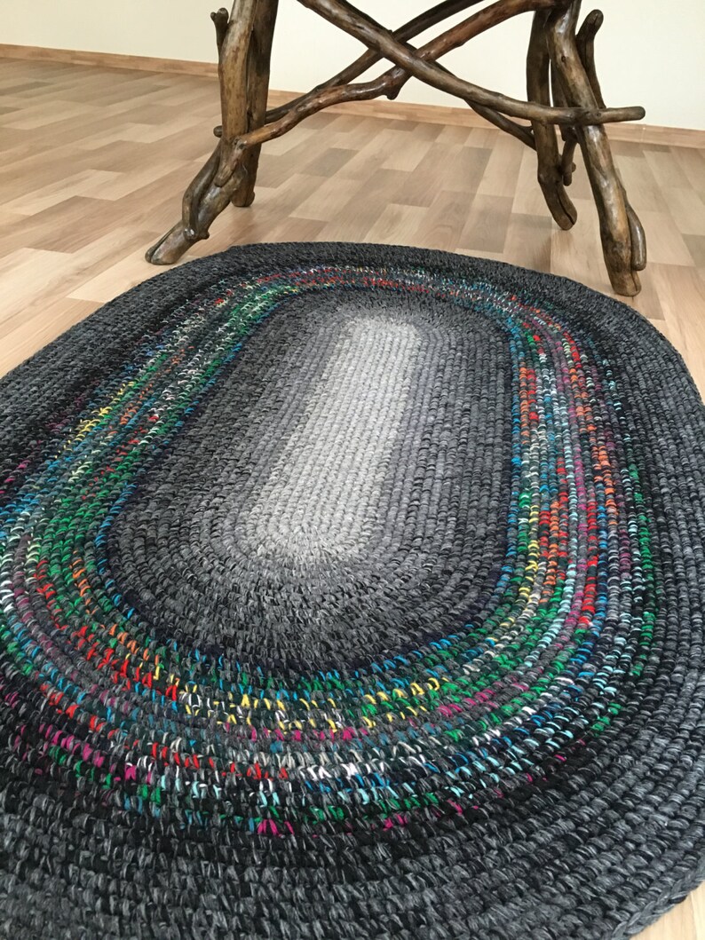 Hand Crochet Oval Wool Rug in Charcoal Gray 55 by 35 Inches Etsy