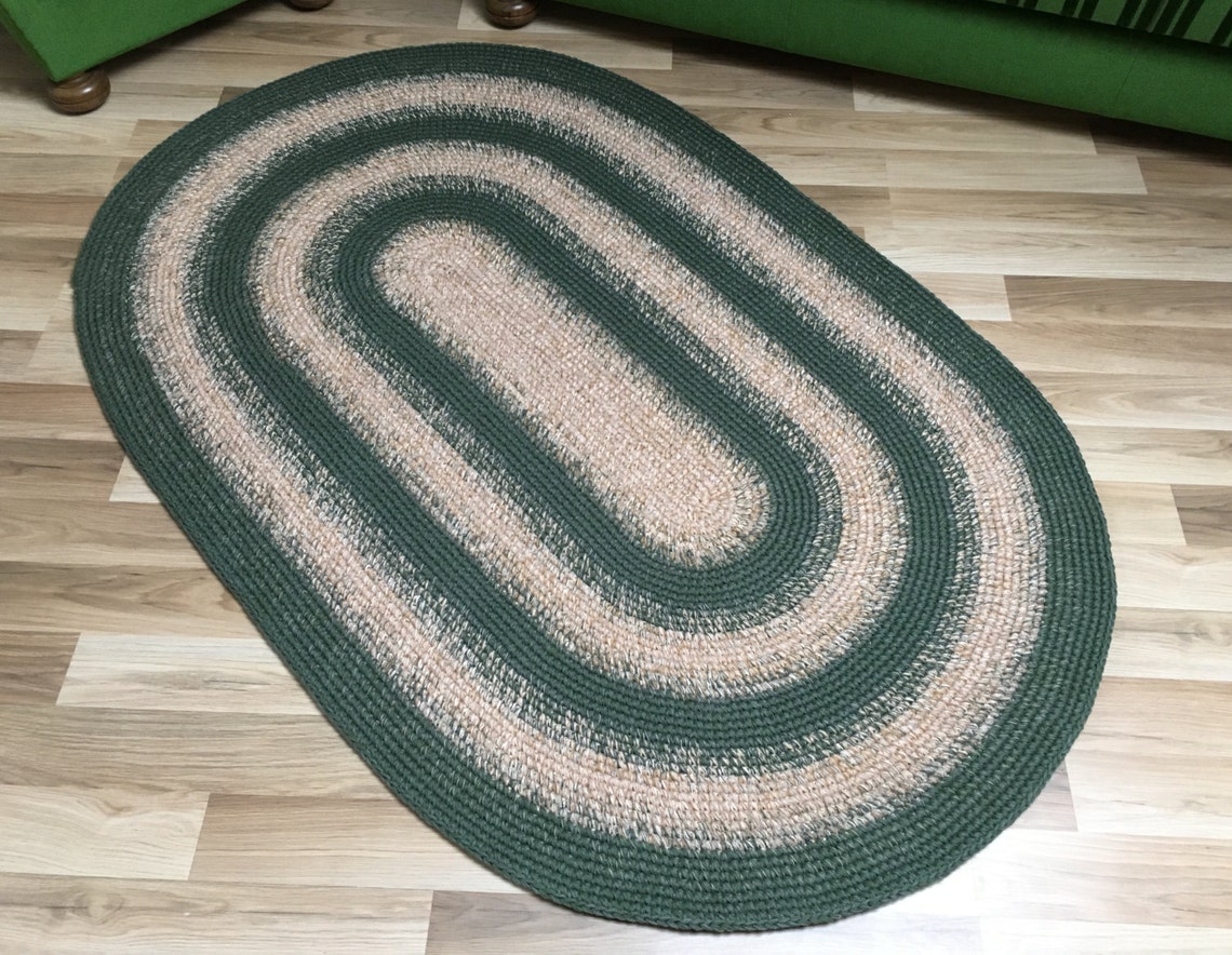 Large Area Oval Wool Rug Two Color Combo Dark Green and Etsy