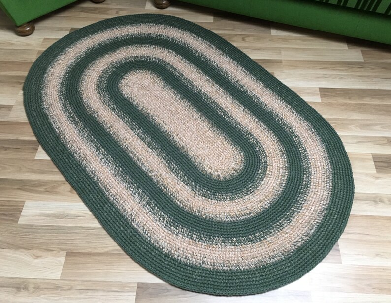 Large Area Oval Wool Rug Two Color Combo Dark Green and Etsy