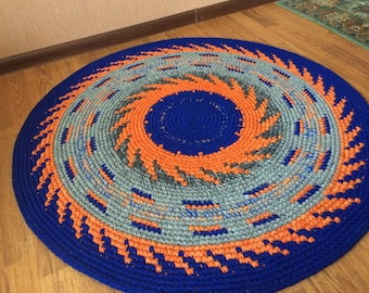 Hand Crochet multicolor Rug with expressive patterns , 40 inches in diameter