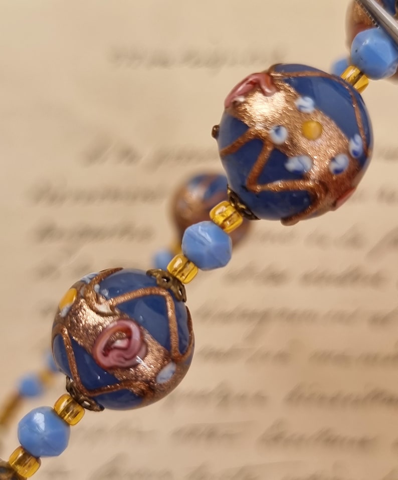 Vintage 1930's Venetian Wedding Cake Fiorato Blue Glass Bead Necklace image 5