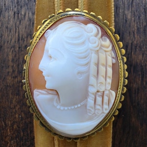 May include: Oval cameo brooch depicting a woman's profile, with intricate hair and a pearl necklace. The cameo is set in a gold-toned frame with a scalloped edge. The background is a warm, light brown colour.