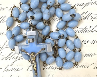 Vintage, Duck Egg Blue, Beaded Rosary, Extra Long, Italian