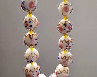 Vintage 1930's Venetian Wedding Cake Fiorato White Pink Glass Bead Necklace
