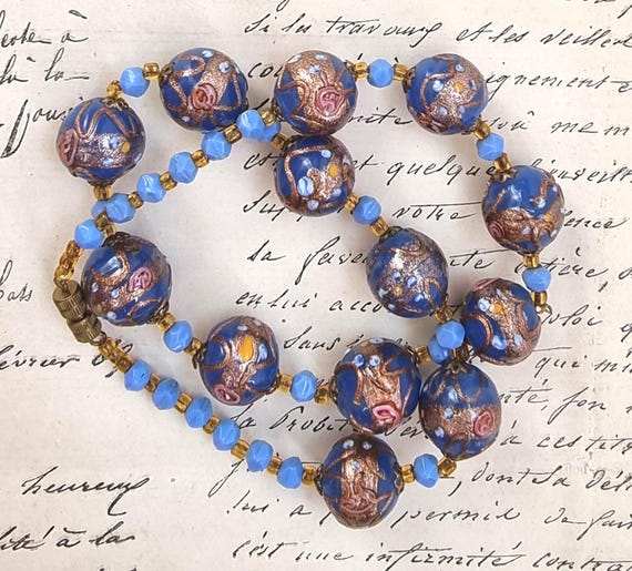 Vintage 1930's Venetian Wedding Cake Fiorato Blue Glass Bead Necklace