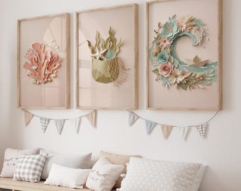 Coastal Ocean Nursery Prints Set of 3 | Sea Coral, Starfish & Floral Wave Wall Art | Neutral Beach Baby Decor (Digital Download)