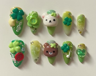 Handmade Lucky Clover Bear Press On Nails | 3D Green Bear & Shamrock Design | Cute Kawaii Spring Nail Set