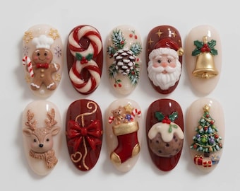 Unghie finte natalizie fatte a mano / Simpatiche decorazioni 3D di Babbo Natale, omini di pan di zenzero e bastoncini di zucchero / Unghie finte natalizie rosse, verdi e dorate