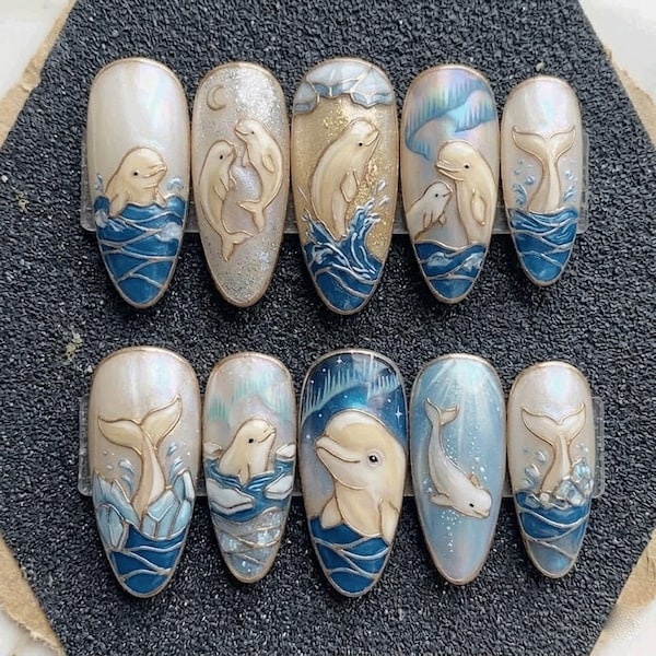 Ocean Dolphin Press On Nails | 3D Sea Life Nails | Blue Wave Mermaid Nails | Cute Dolphin Nail Art | Handmade Beach Summer Acrylic Nails Set