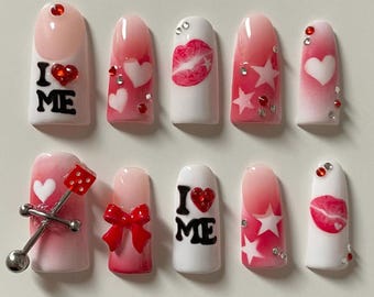 Handmade I Love Me Press On Nails | 3D Heart & Lips Design | Pink Red Self Love Valentine Nail Set